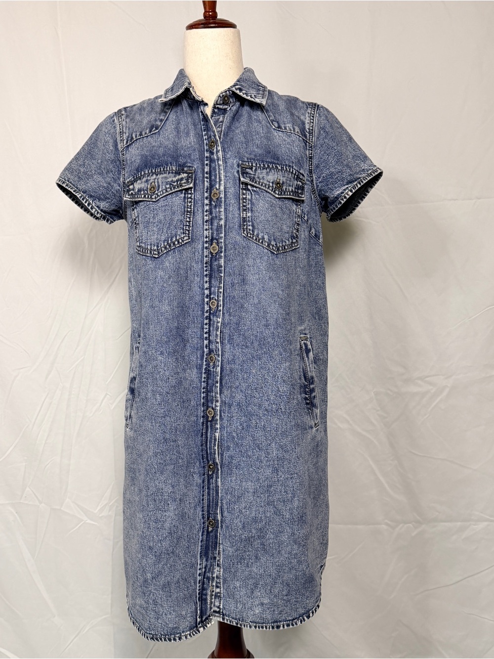 Wash Lab Button-Front Short Sleeve Denim Dress - retro 80s acid wash Light Blue